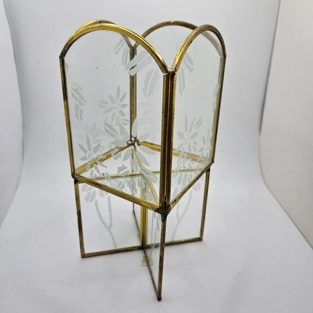Vintage‎ FTD 1993 Brass Tone Etched Glass Jewelry Holder Trinket Organizer